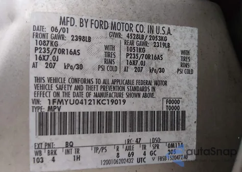 2001 Ford Escape Xlt из США, поврежденный, VIN 1FMYU04121KC19019